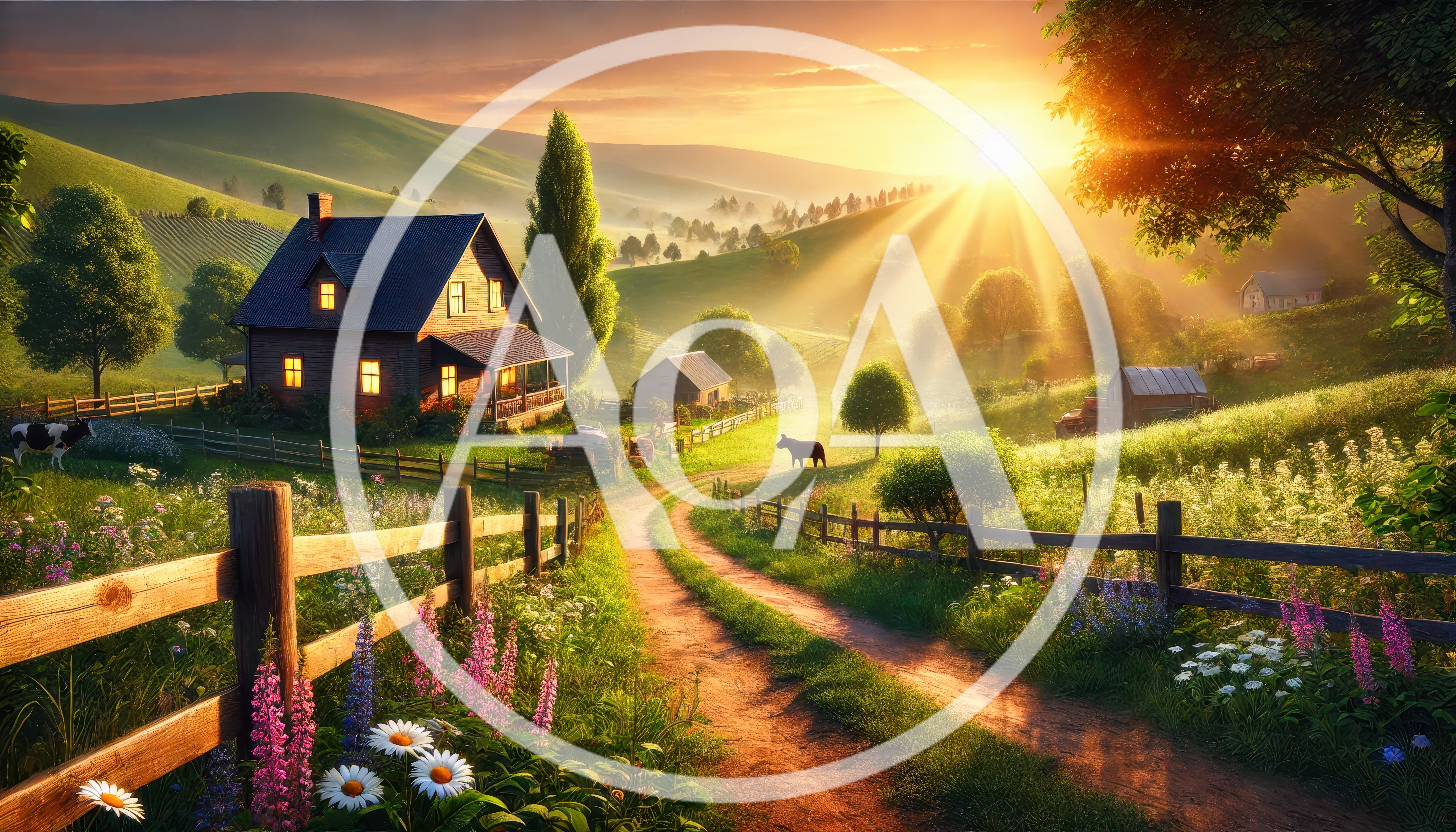 Idyllic Countryside Farmhouse at Golden Hour Sunset