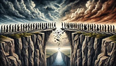 Two Groups Of People Separated By A Collapsing Cliff