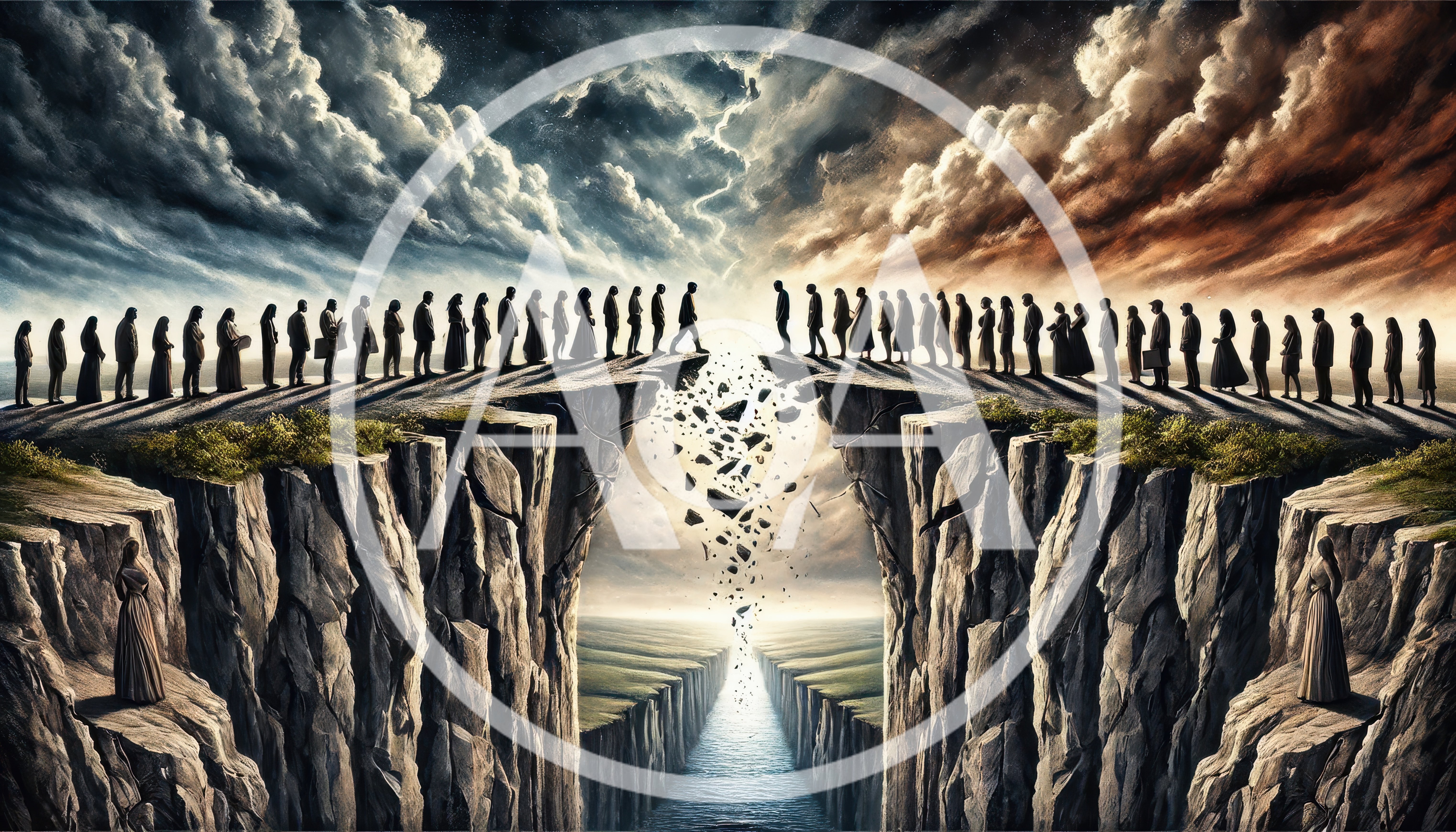 Two Groups Of People Separated By A Collapsing Cliff