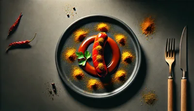 Currywurst Sausage Served on a Dark Plate