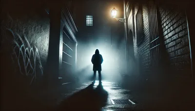 Hooded Figure Standing In A Dark Foggy Alleyway