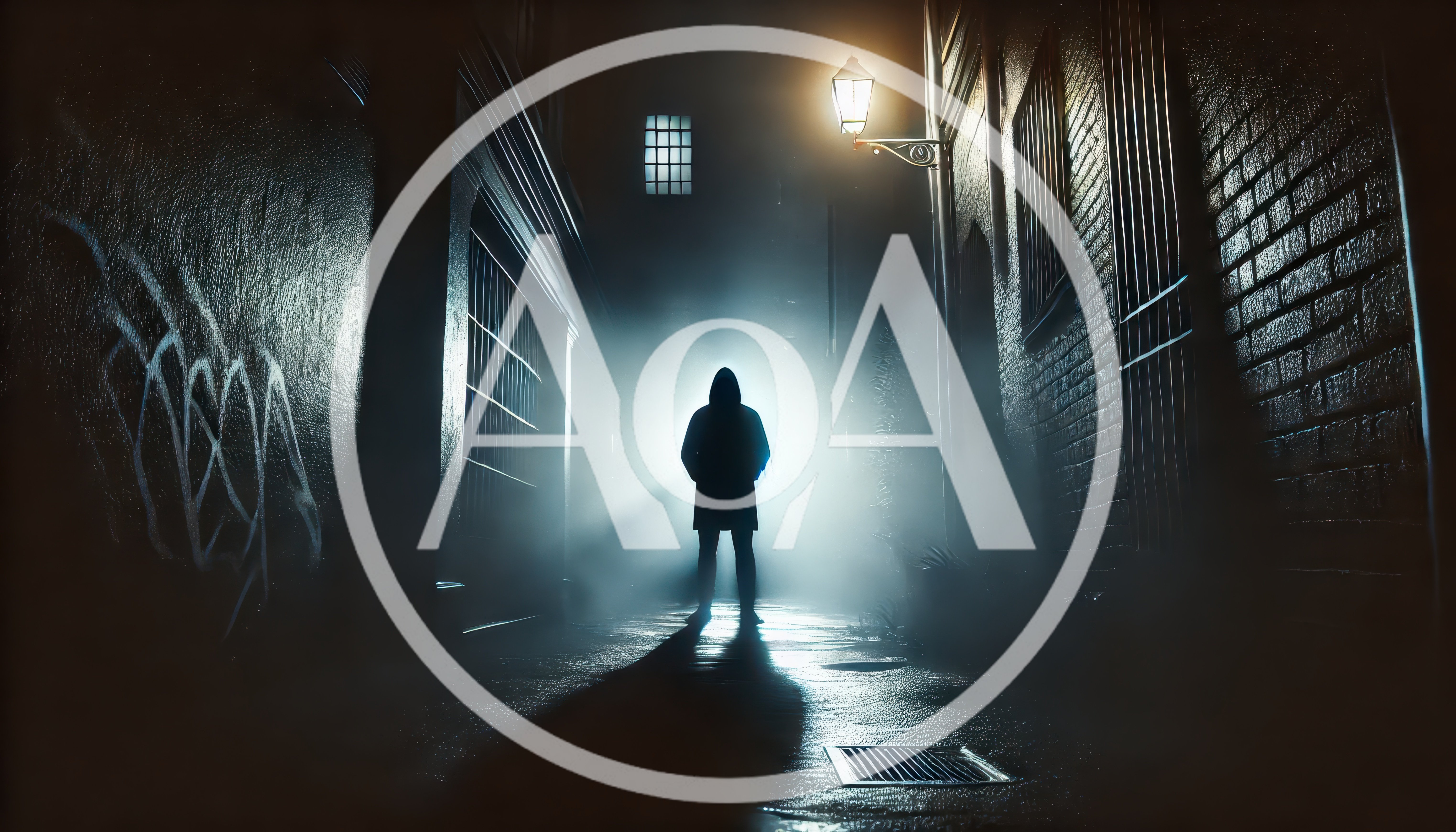 Hooded Figure Standing In A Dark Foggy Alleyway