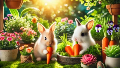 Two Cute Rabbits Eating Carrots in a Sunny Garden