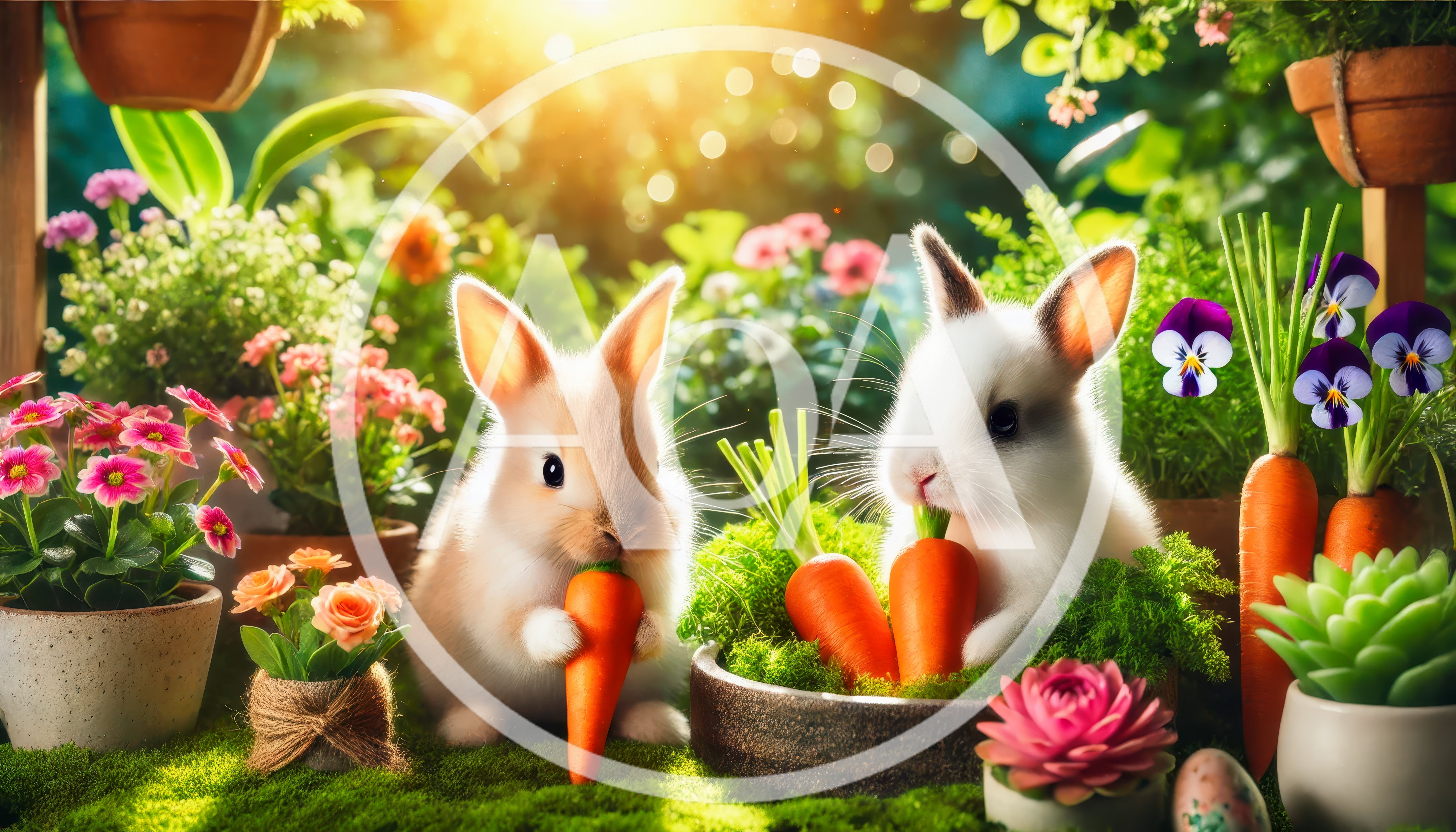 Two Cute Rabbits Eating Carrots in a Sunny Garden
