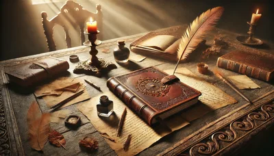 Antique Leather Journal And Quill On Wooden Desk