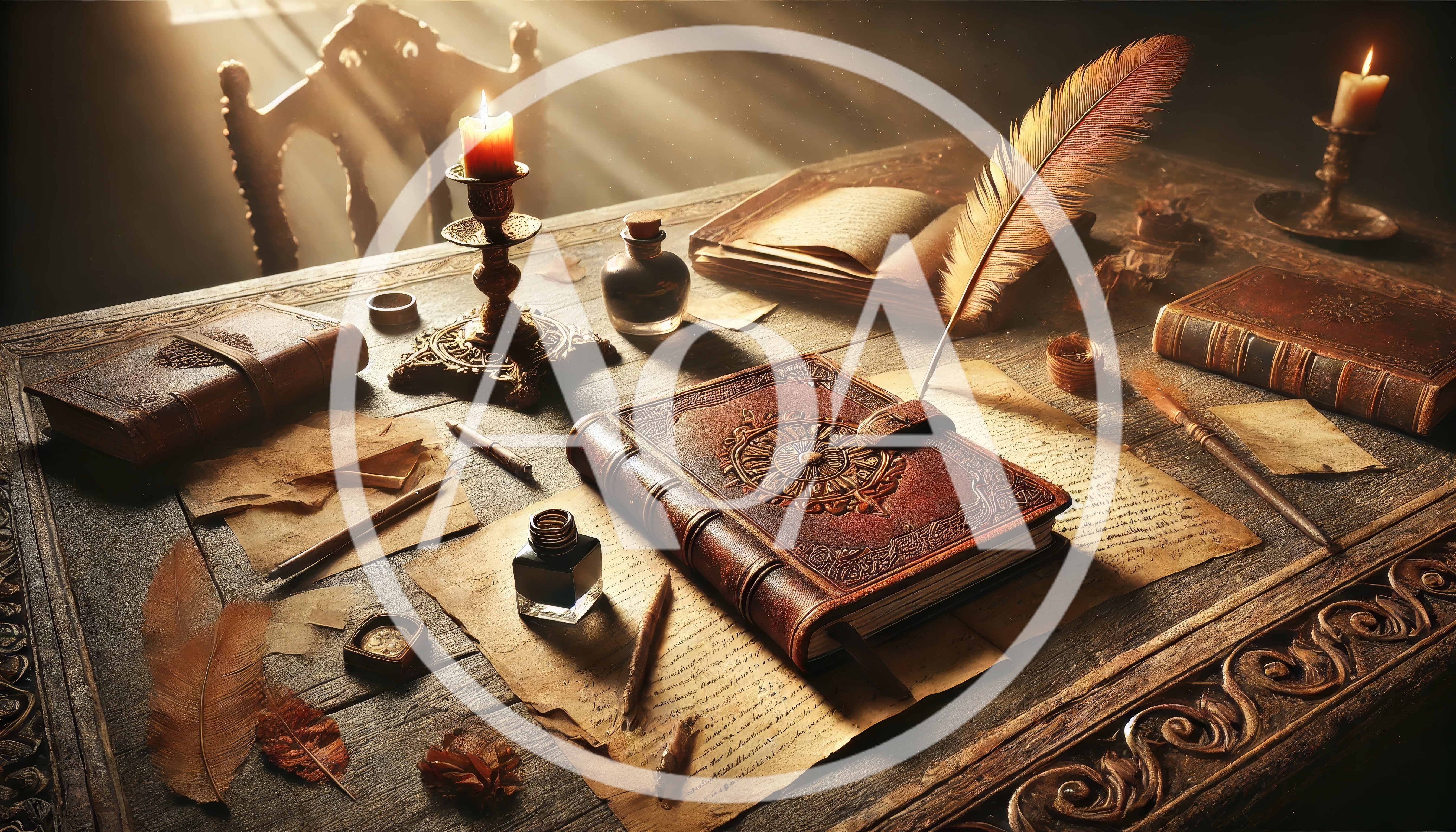Antique Leather Journal And Quill On Wooden Desk