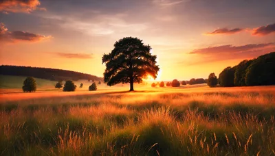 Solitary Oak Tree In A Golden Sunset Meadow
