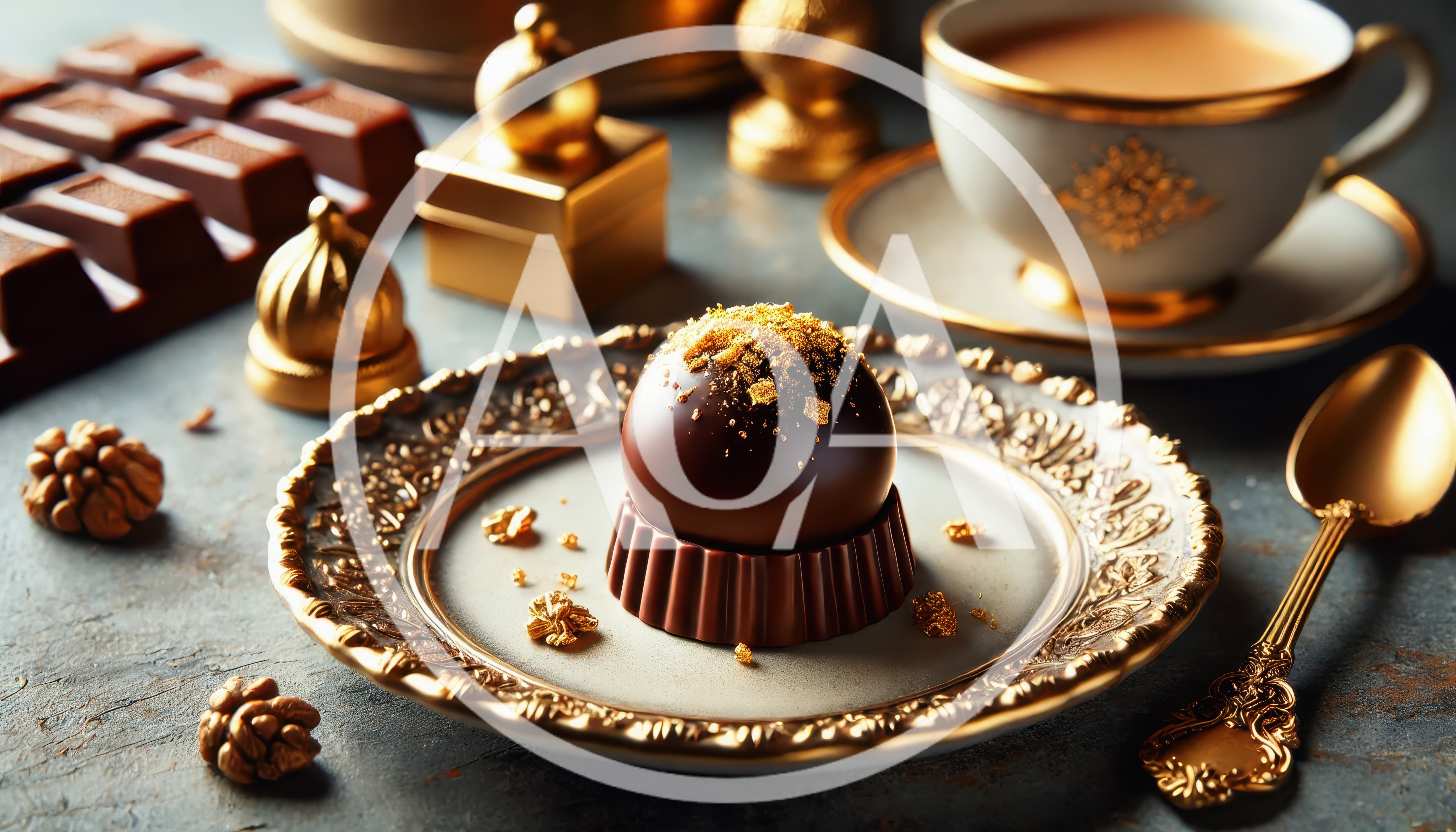 Gourmet Chocolate Truffle Dessert on Ornate Gold Plate