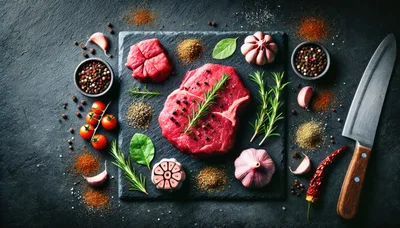 Raw Beef Steak With Herbs And Spices On Slate