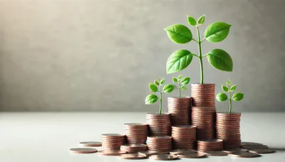 Small Green Plants Growing From Stacks Of Copper Coins