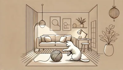 Sketch Illustration of a Cat Playing with Yarn