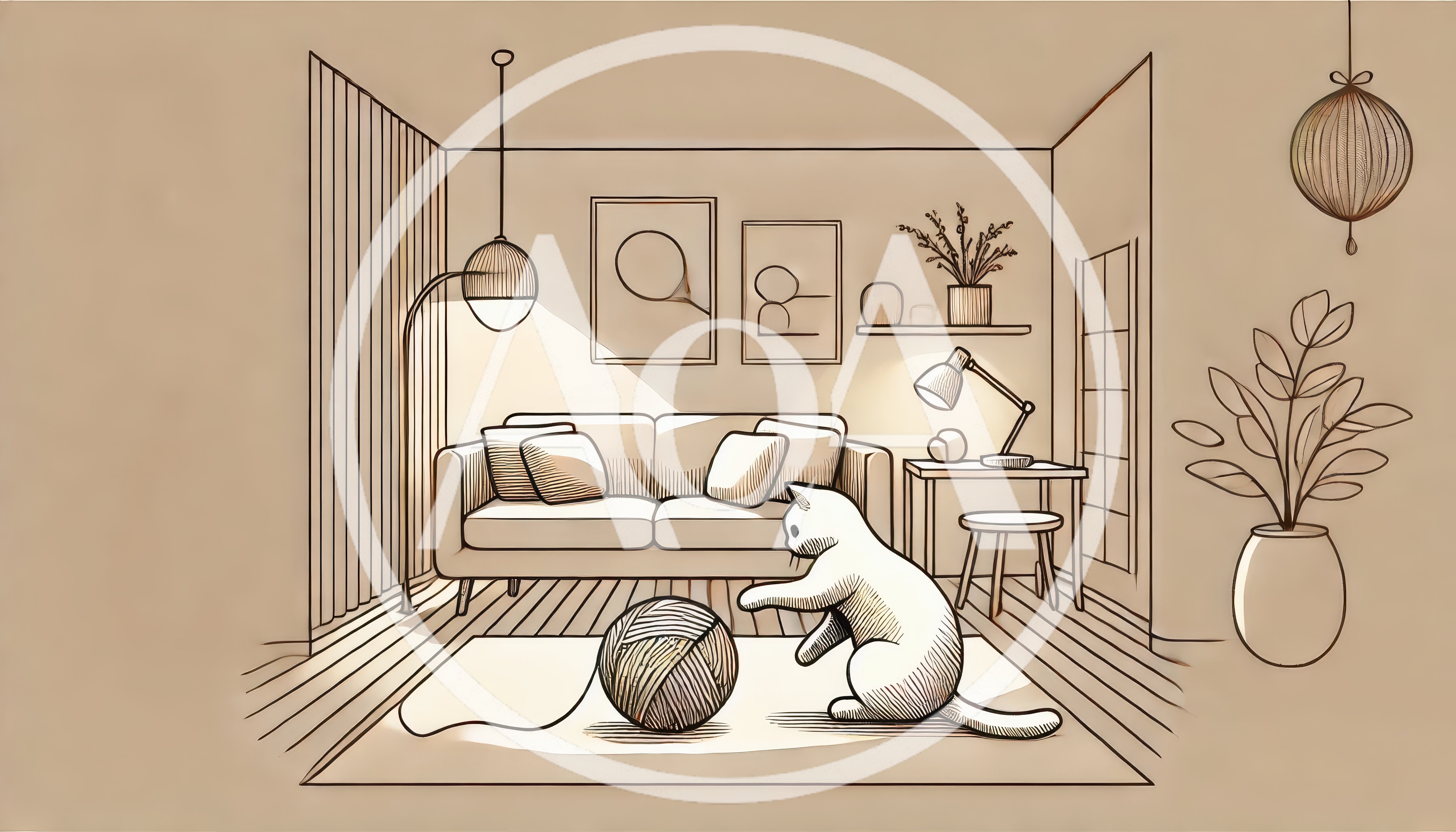 Sketch Illustration of a Cat Playing with Yarn