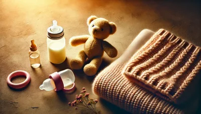 Baby Essentials With Teddy Bear And Knitted Blanket