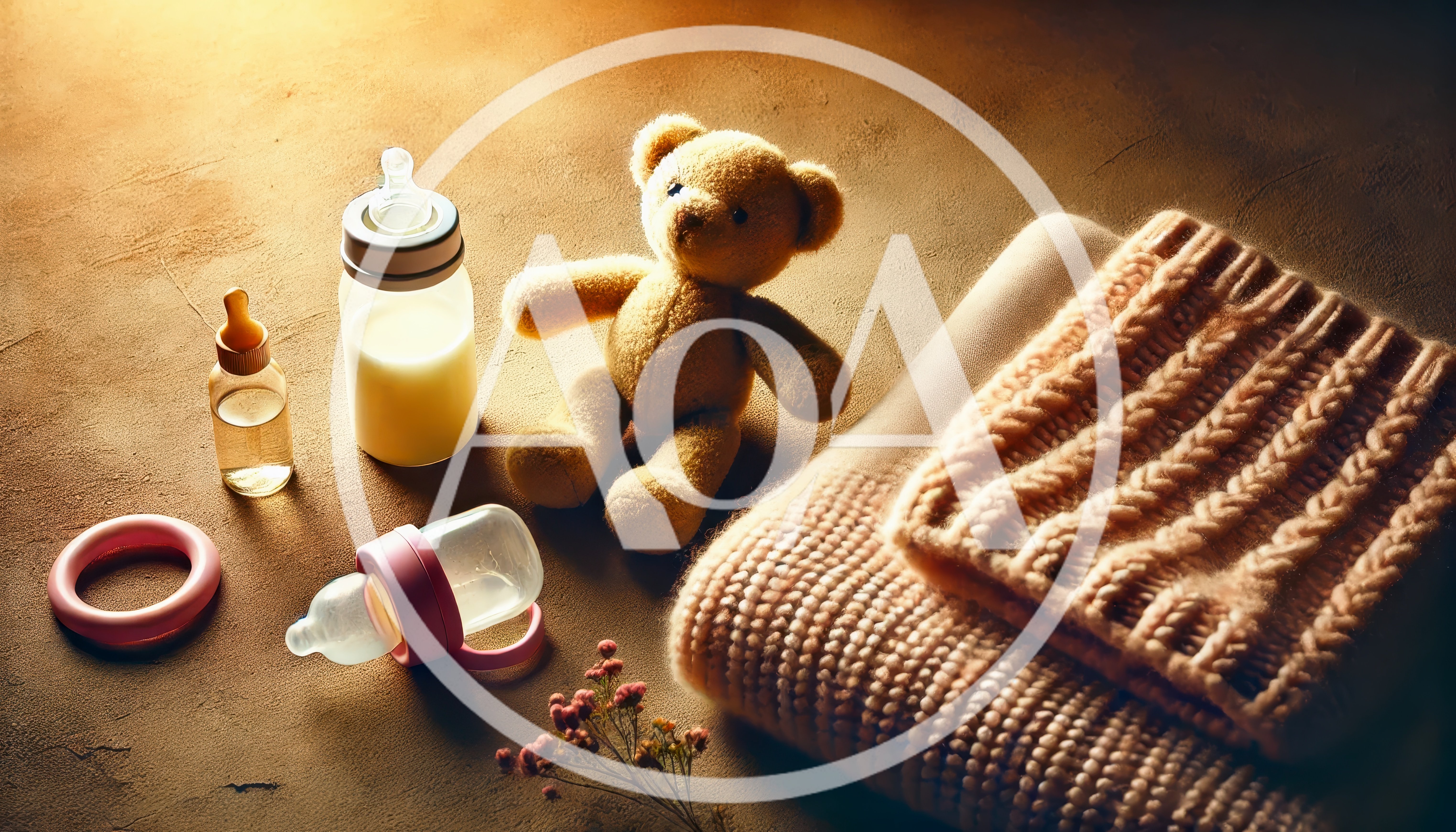 Baby Essentials With Teddy Bear And Knitted Blanket