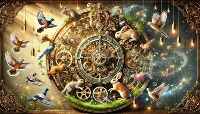 Surreal Steampunk Clockwork With Rabbits And Birds