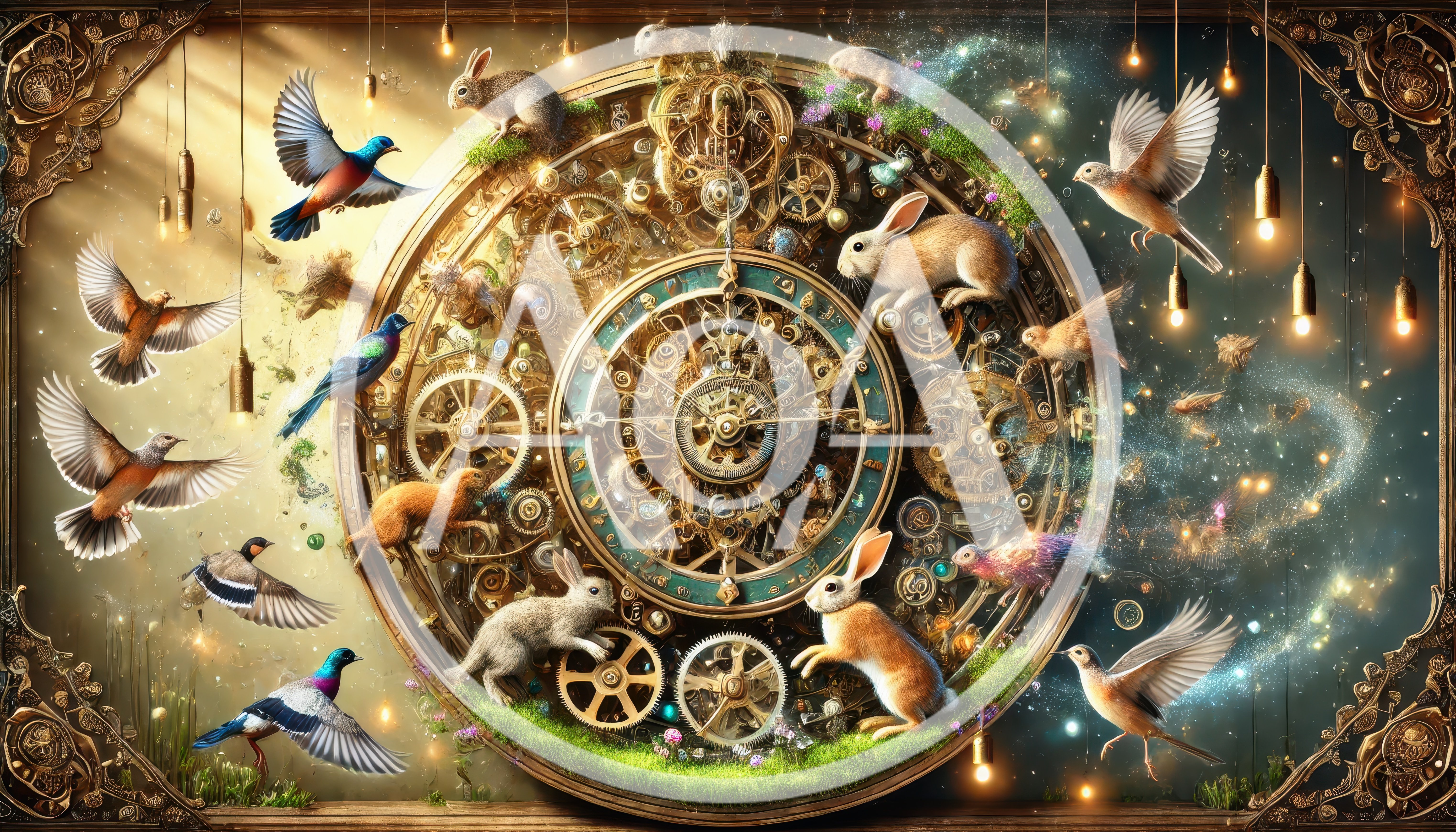 Surreal Steampunk Clockwork With Rabbits And Birds