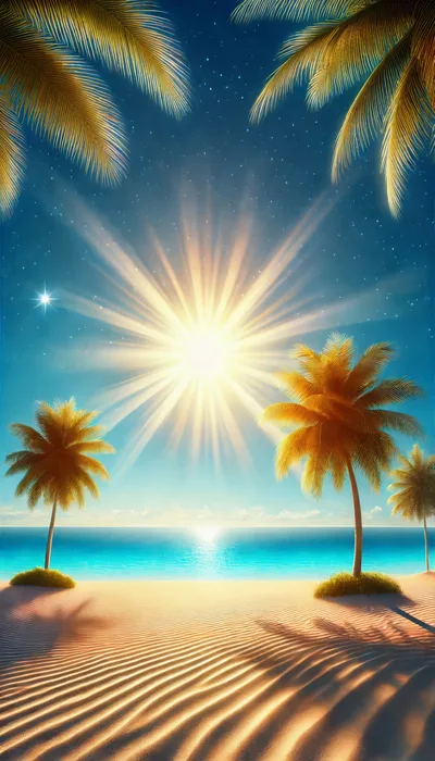 Tropical Beach Landscape With Radiant Sun And Palm Trees