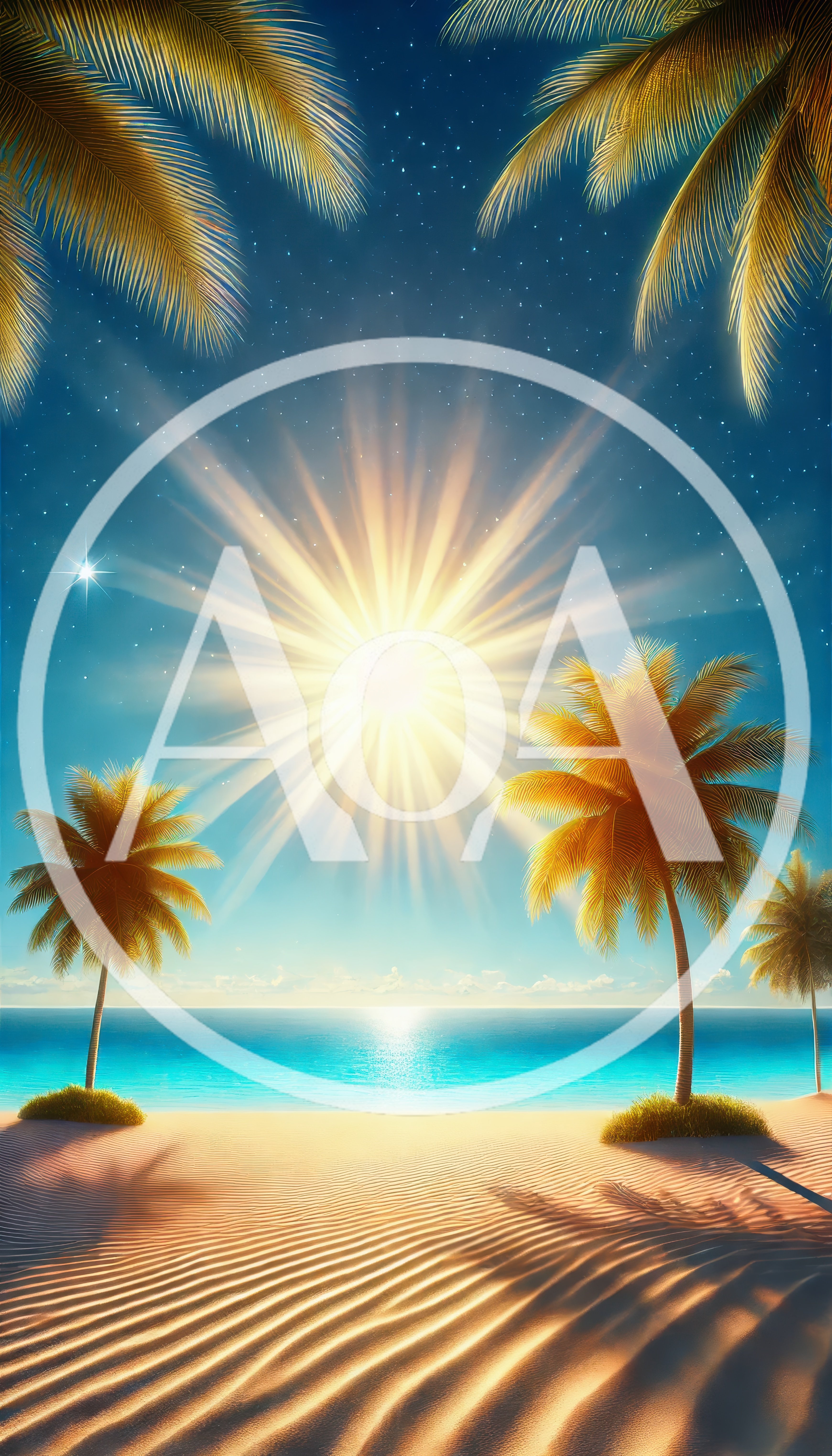 Tropical Beach Landscape With Radiant Sun And Palm Trees