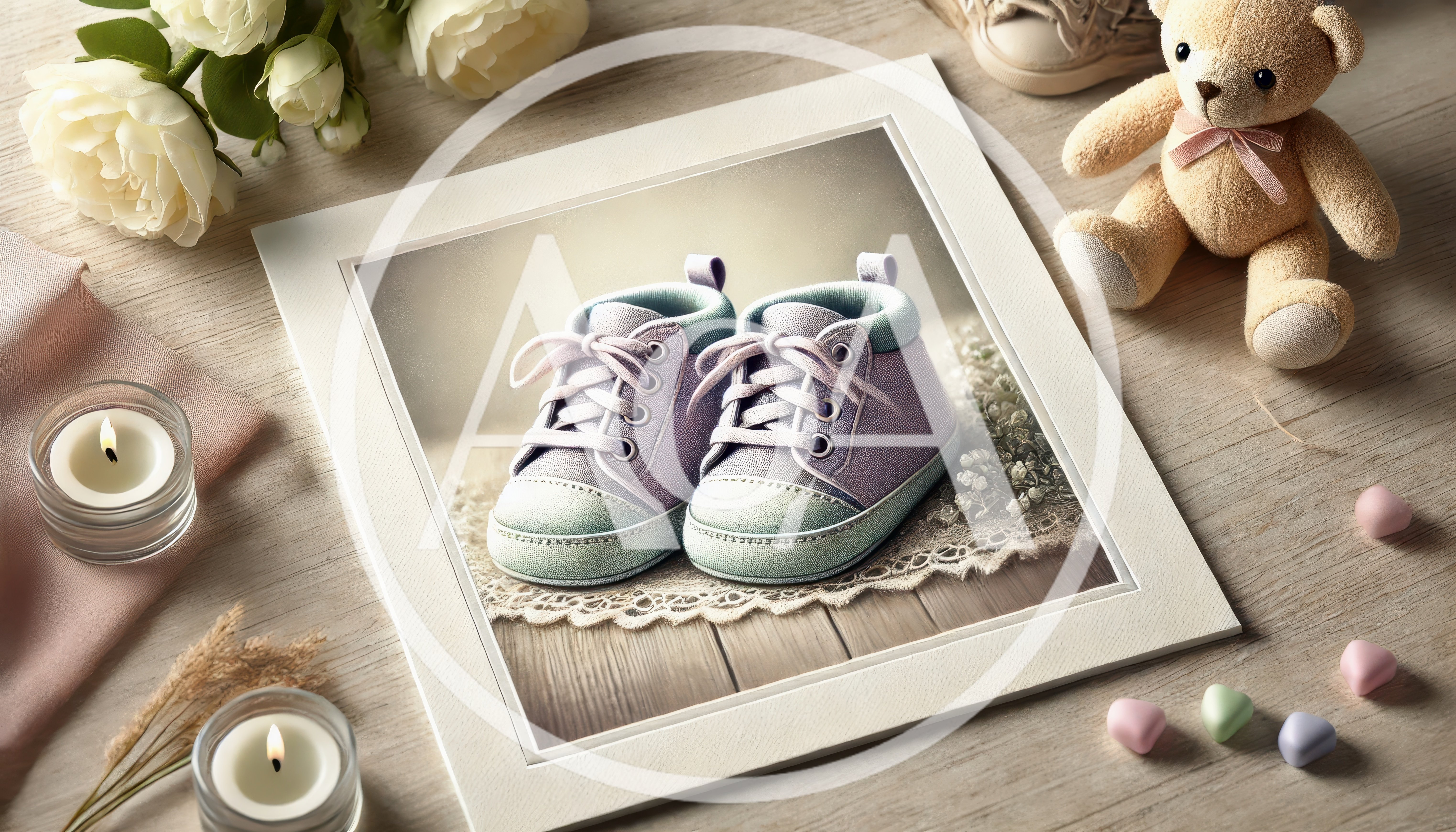 Baby Shoes In A Picture Frame With Teddy Bear