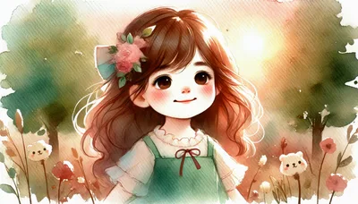Watercolor Illustration Of A Cute Girl With Flowers