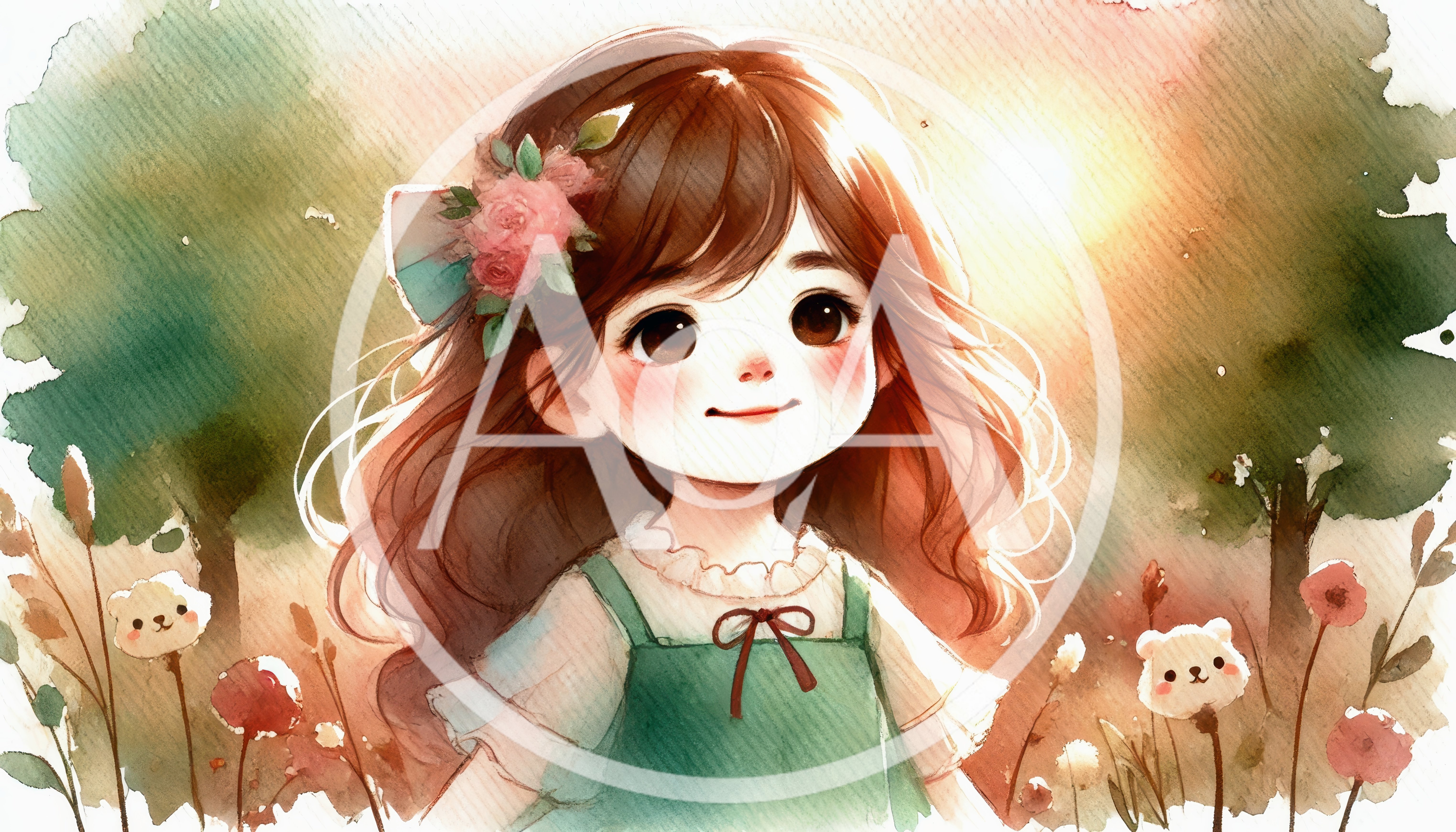 Watercolor Illustration Of A Cute Girl With Flowers