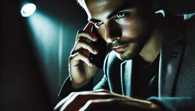 Man In Suit Talking On Smartphone In Dark Office