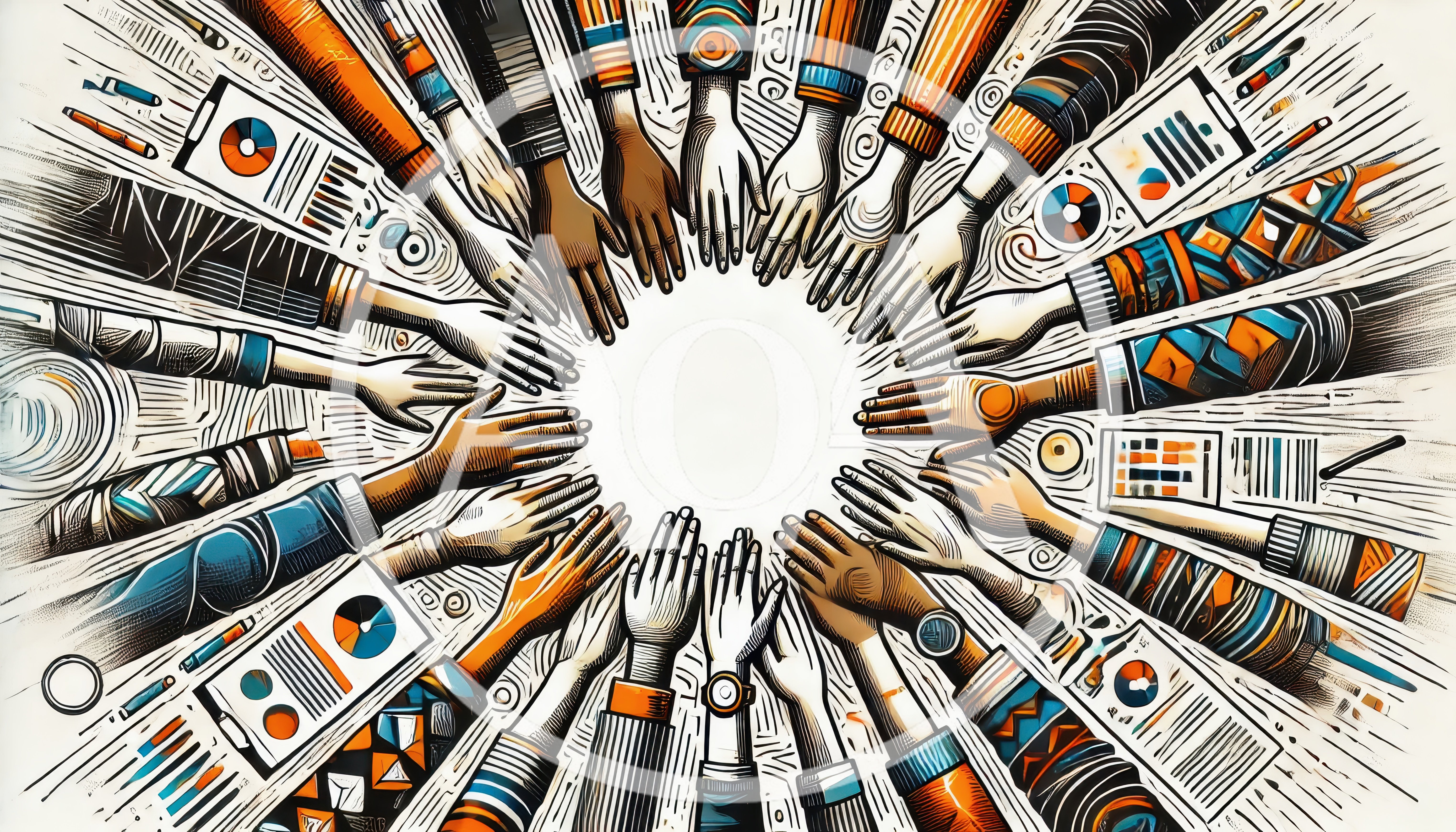 Diverse Hands Reaching Toward Center In Collaborative Circle