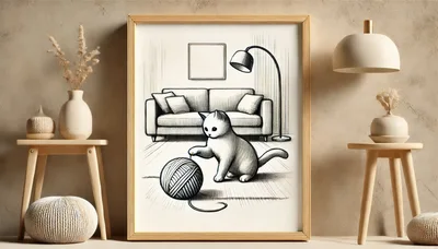 Framed Sketch Of A Cat Playing With Yarn