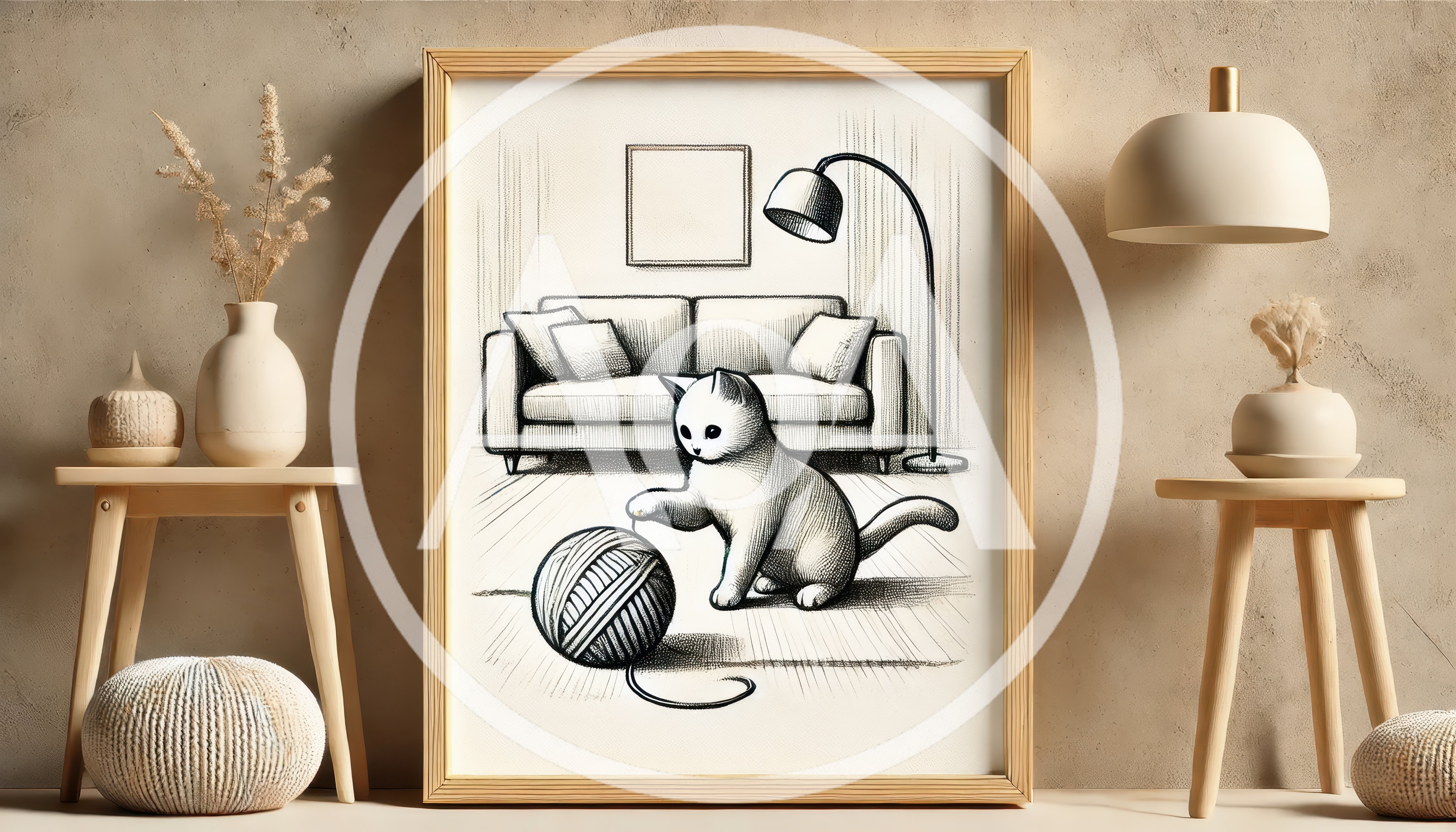 Framed Sketch Of A Cat Playing With Yarn