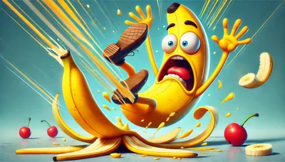 Cartoon Banana Character Slipping On A Peel