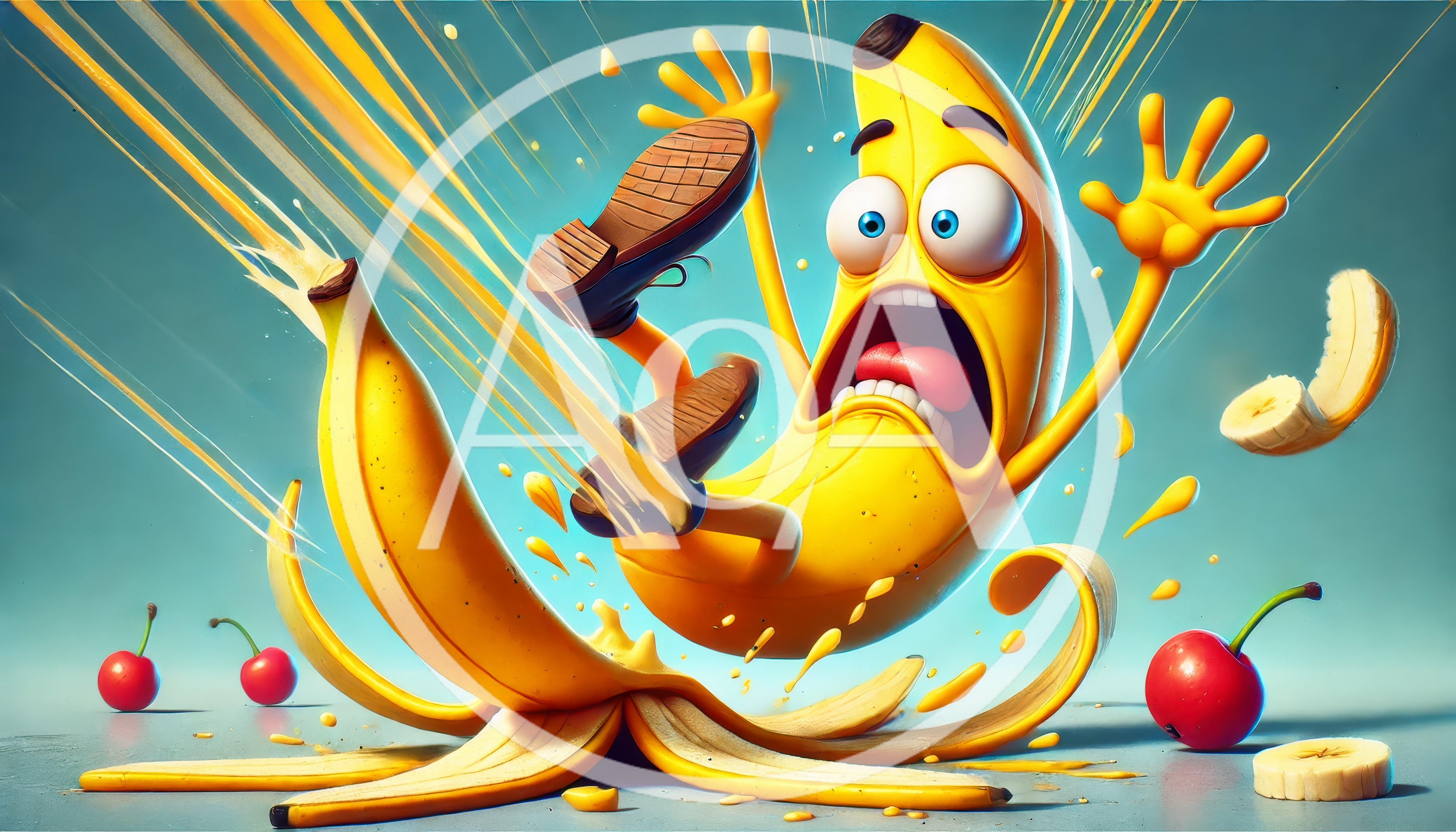 Cartoon Banana Character Slipping On A Peel