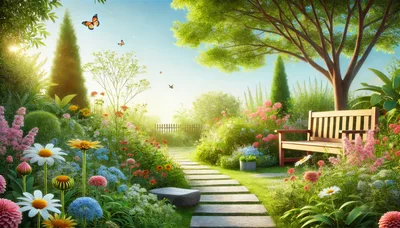 Sunlit Garden Path With Wooden Bench And Flowers