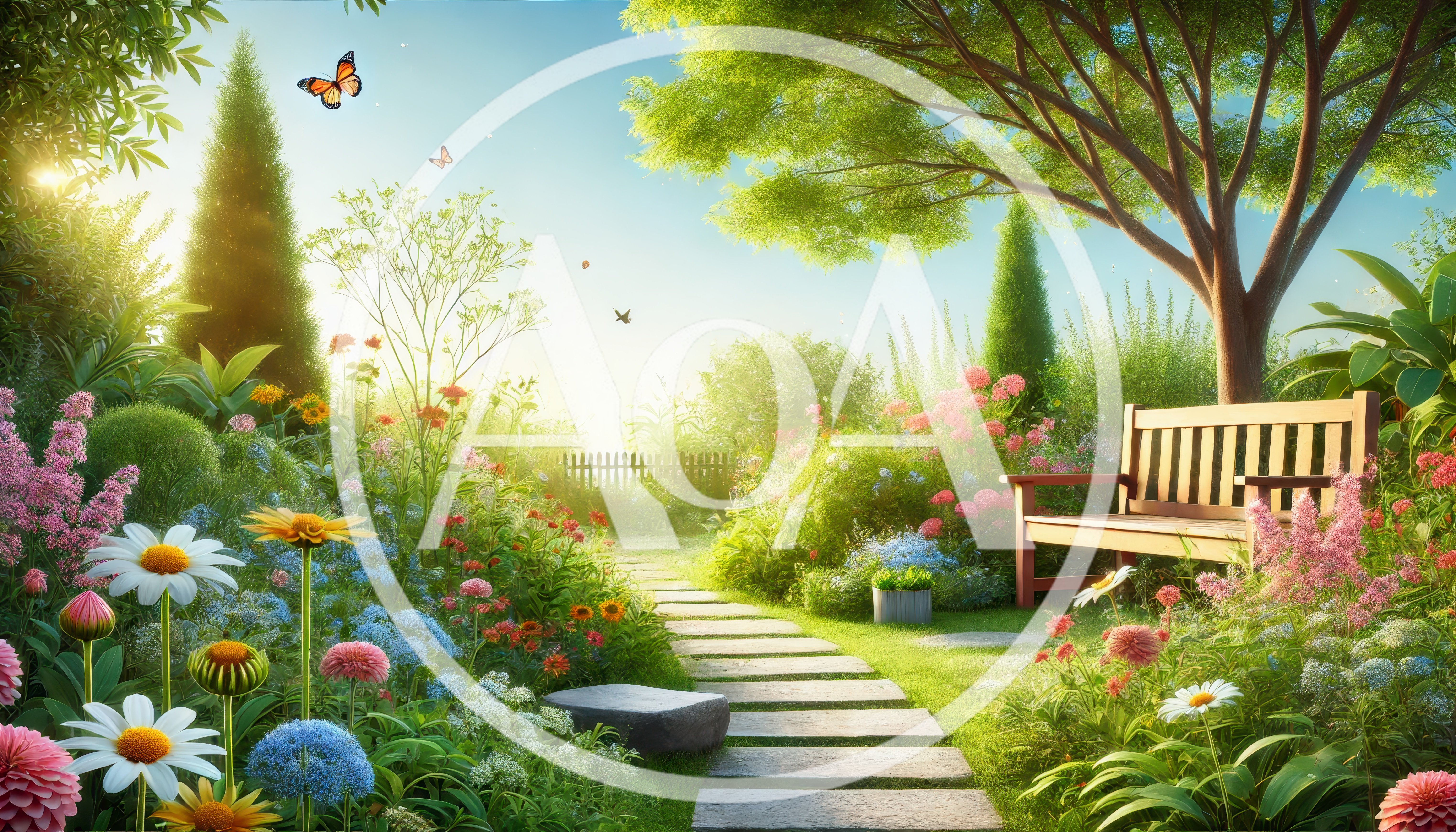 Sunlit Garden Path With Wooden Bench And Flowers