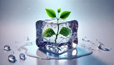 Green Plant Sprout Growing Inside Melting Ice Cube