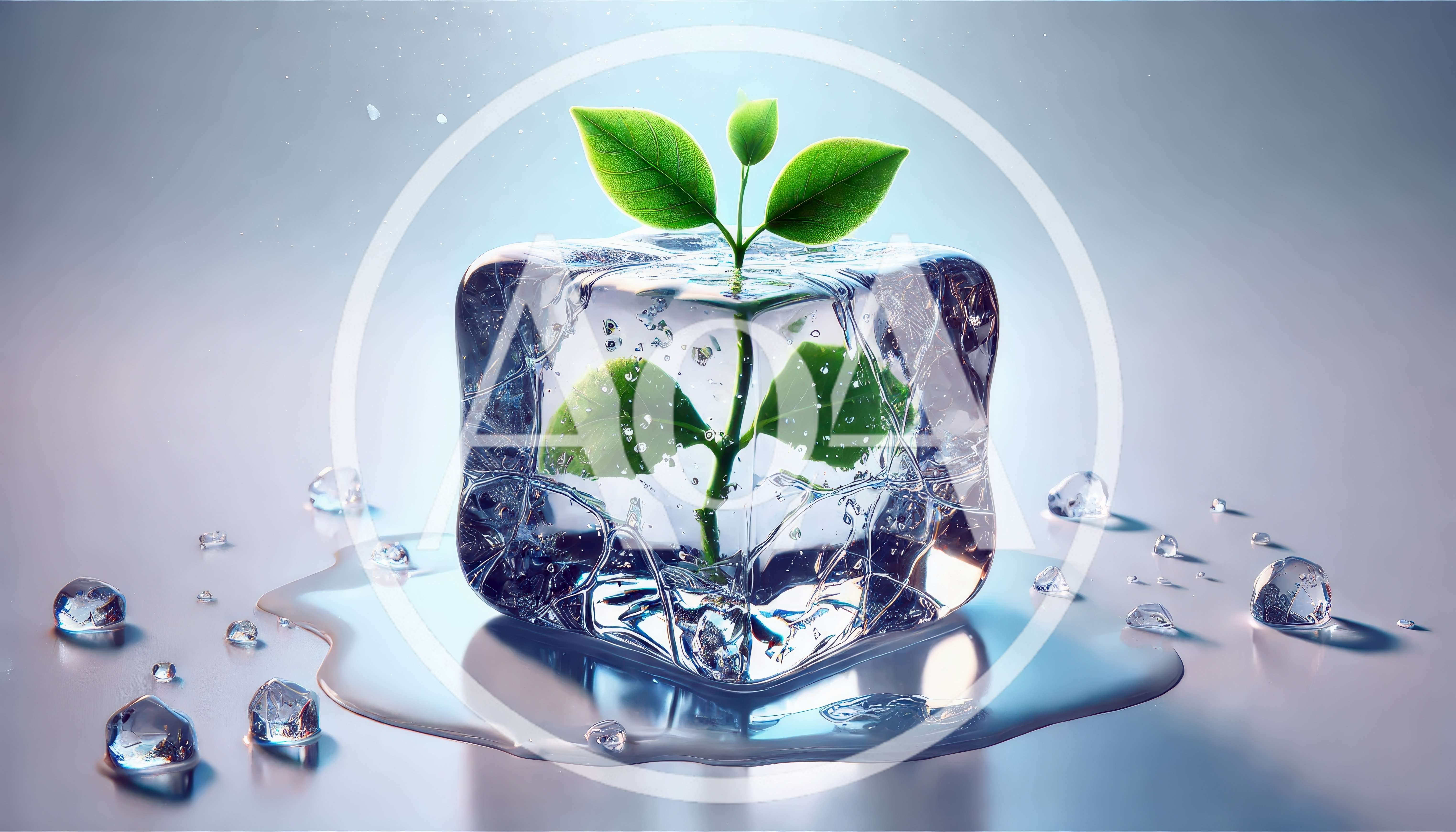 Green Plant Sprout Growing Inside Melting Ice Cube