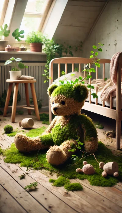 Moss Covered Teddy Bear In A Sunlit Bedroom