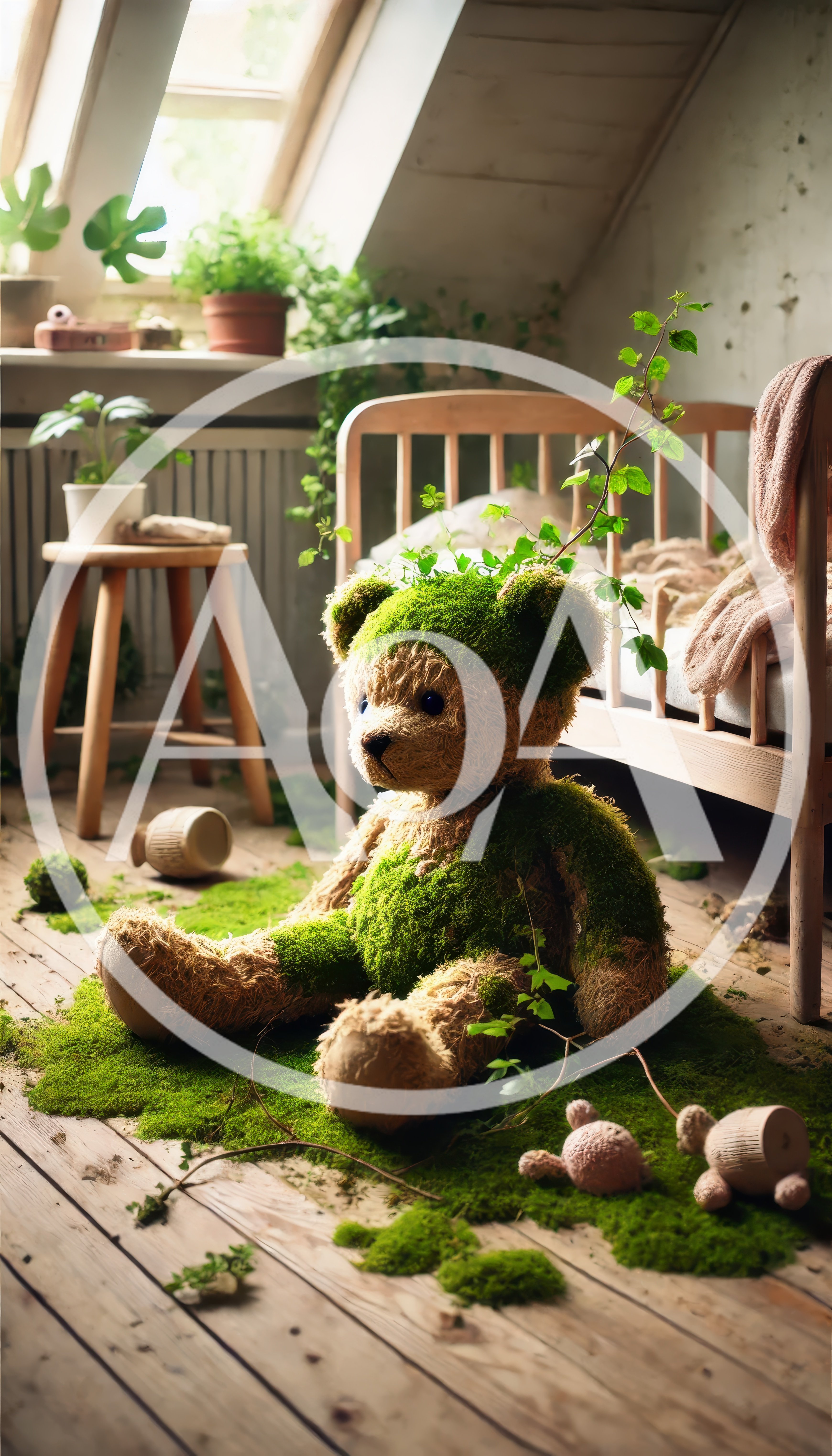 Moss Covered Teddy Bear In A Sunlit Bedroom