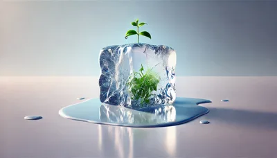 Small Green Plant Growing Inside A Melting Ice Cube