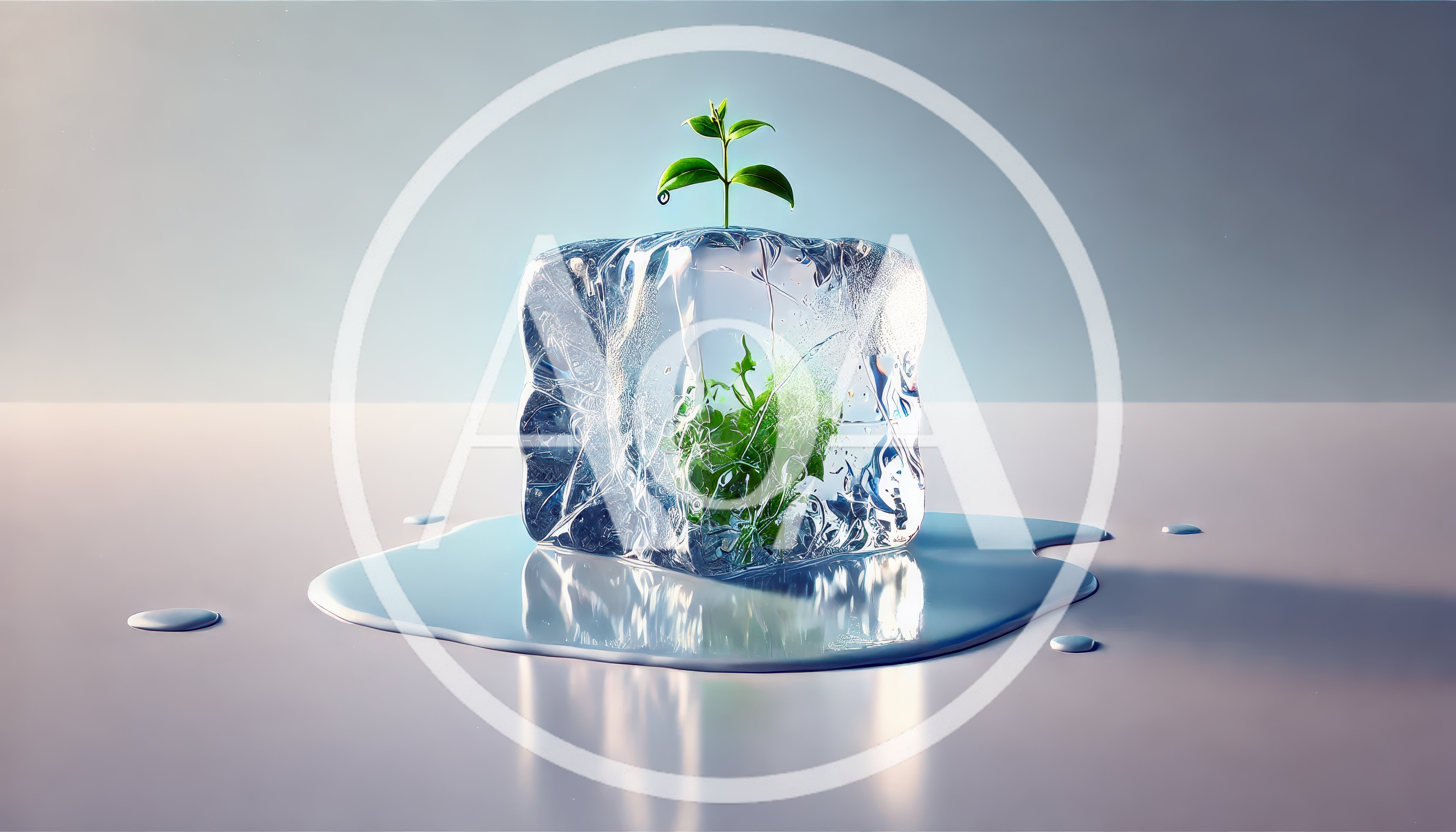 Small Green Plant Growing Inside A Melting Ice Cube