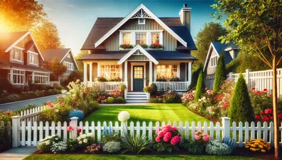 Charming Suburban House With Lush Garden And White Fence