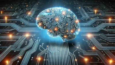 Digital Brain Circuitry Concept on Electronic Motherboard
