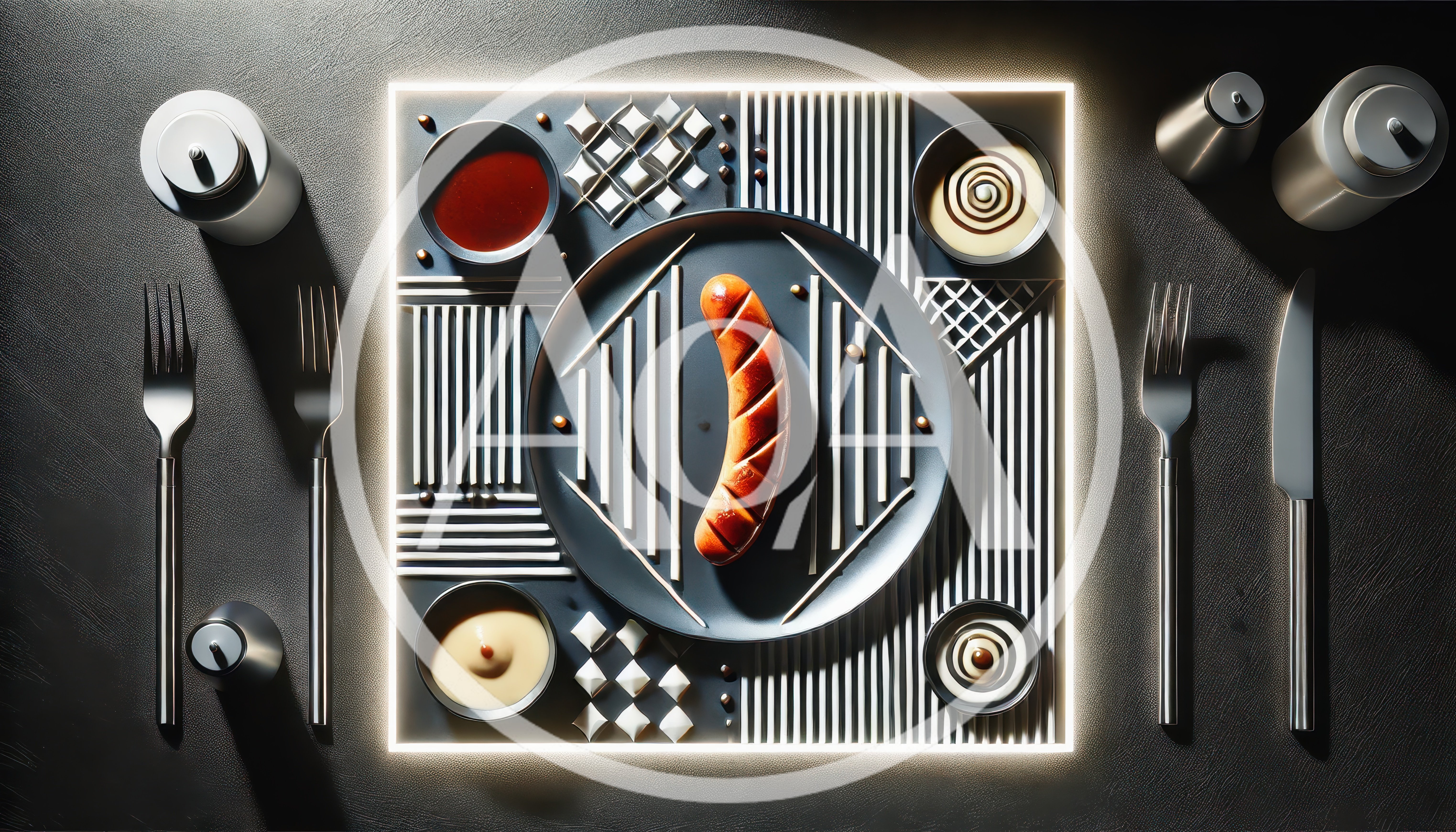 Minimalist Sausage Plating With Geometric Condiment Arrangement