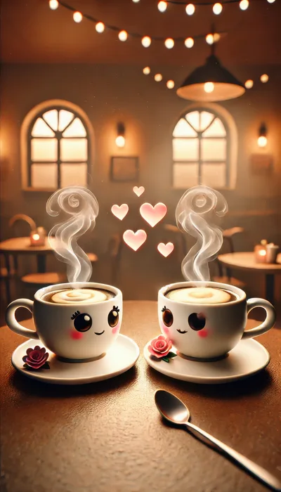 Two Cute Coffee Cups With Hearts In A Cafe