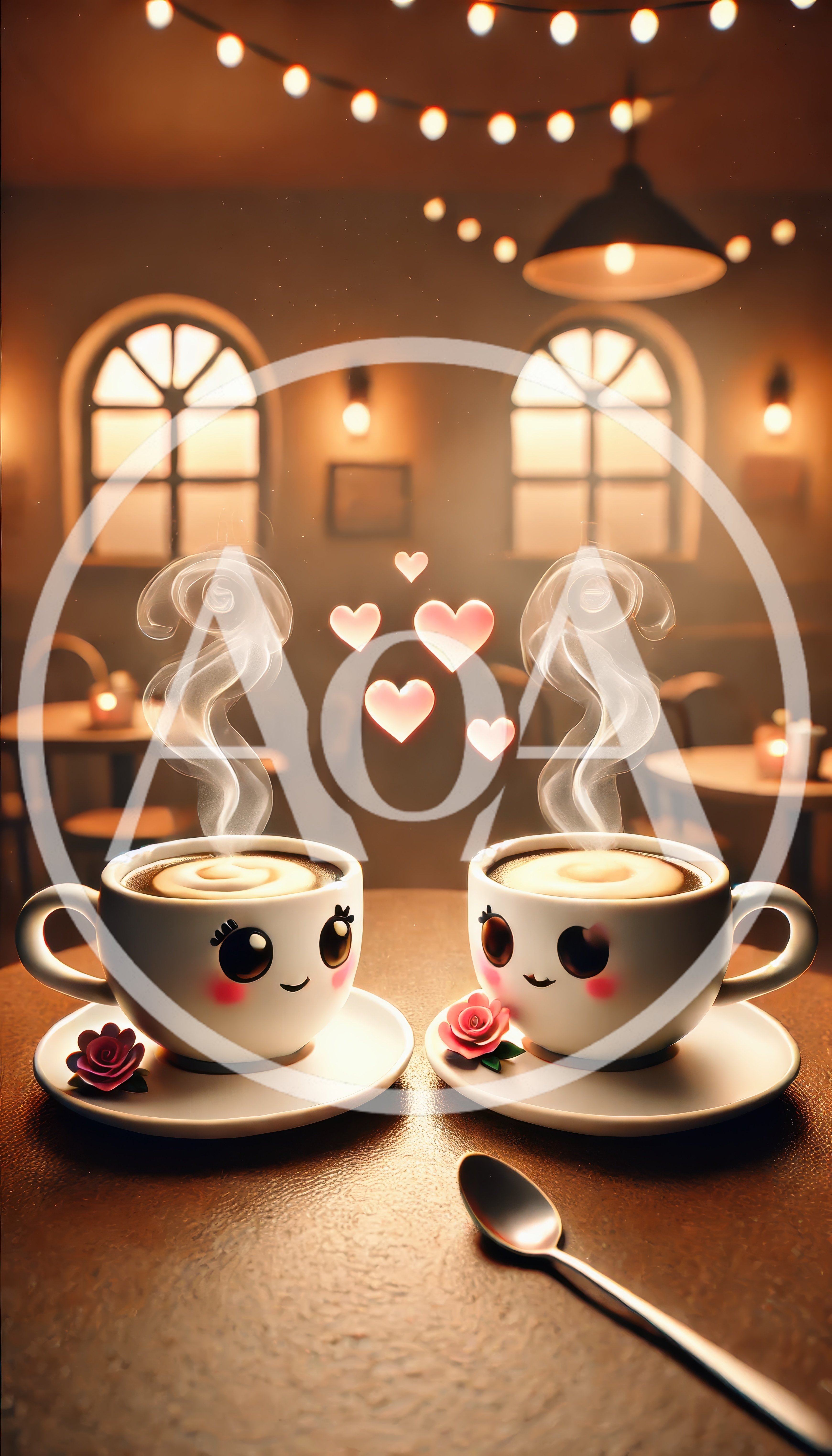 Two Cute Coffee Cups With Hearts In A Cafe