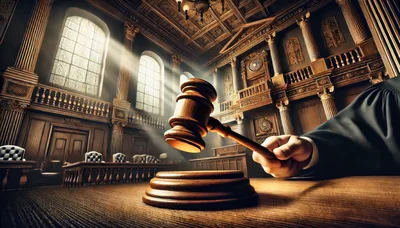 Judge Striking Gavel In A Grand Courtroom