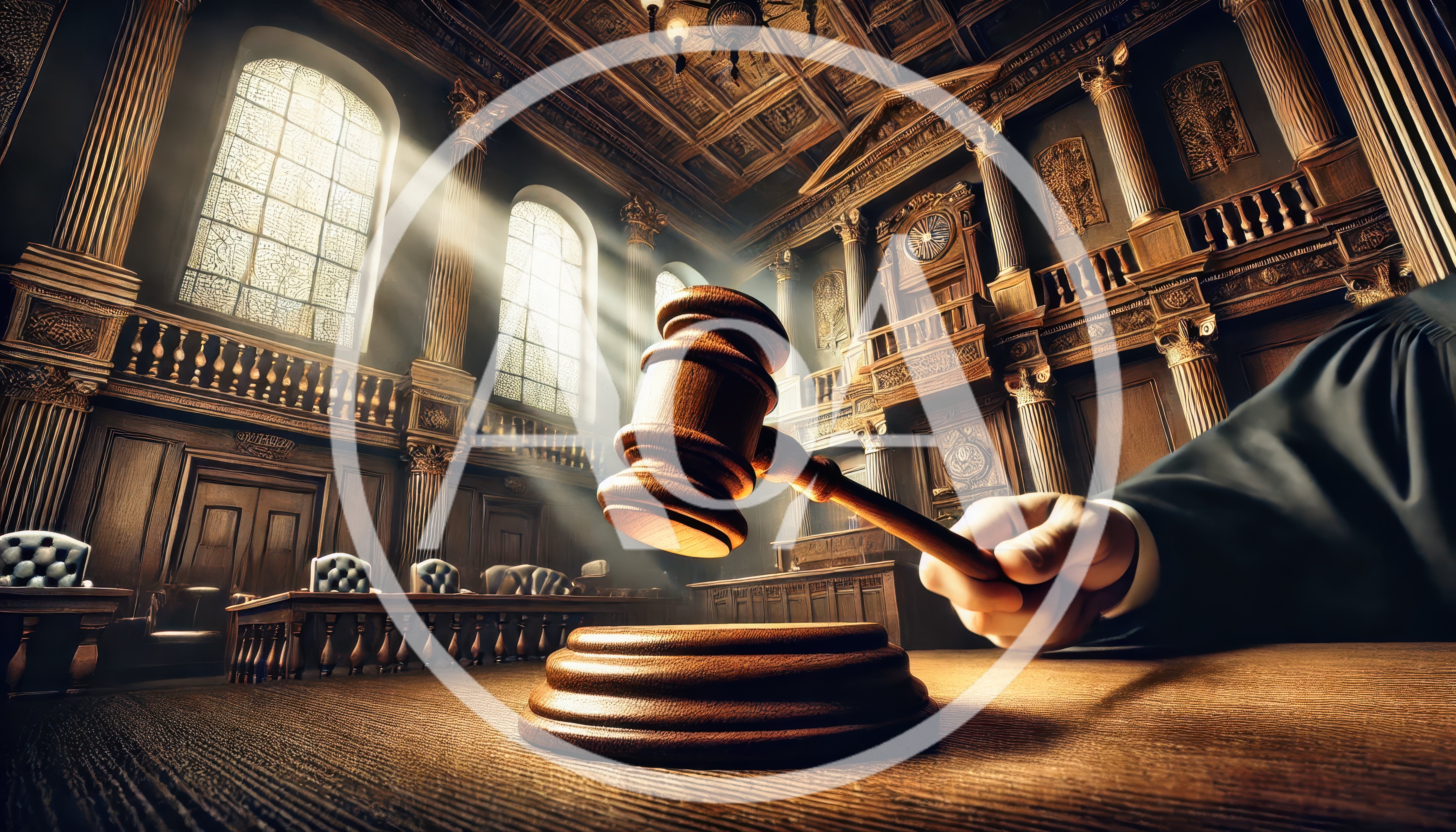 Judge Striking Gavel In A Grand Courtroom