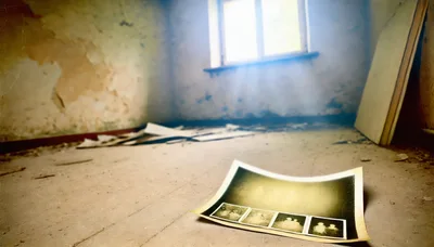 Old Vintage Photograph Lying On Dusty Floor In Abandoned Room