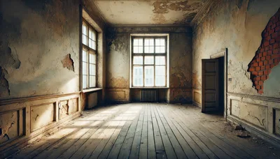 Empty Dilapidated Room With Peeling Walls And Wooden Floor