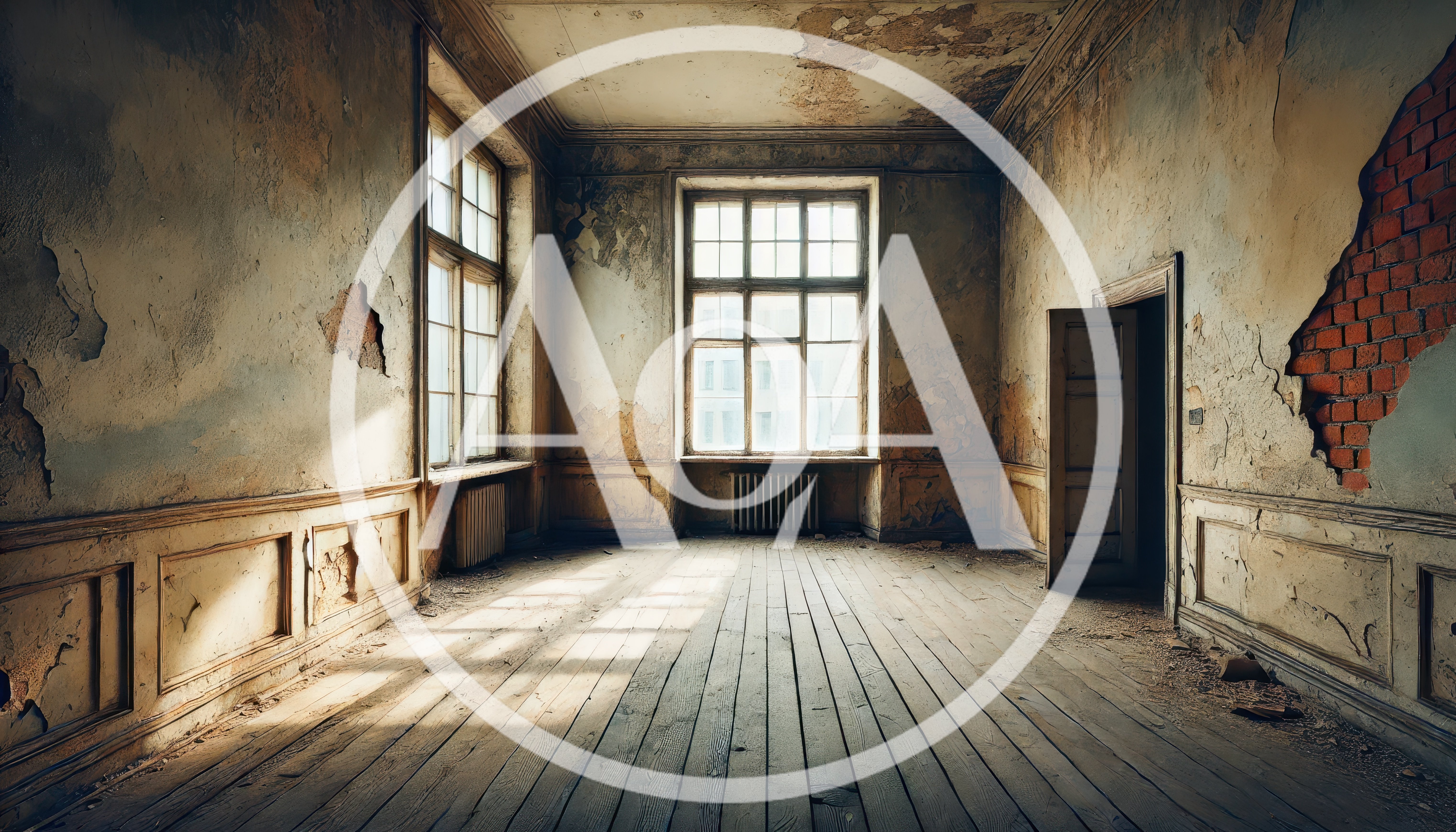 Empty Dilapidated Room With Peeling Walls And Wooden Floor