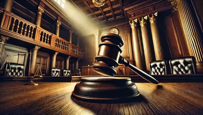 Wooden Judge Gavel Resting On A Courtroom Desk